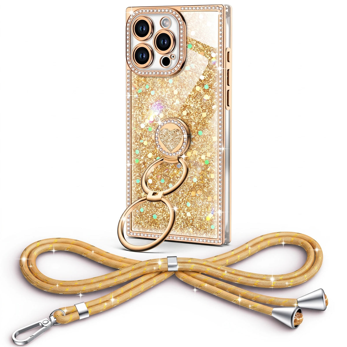 Sparkle Stones Y2K rhinestone phone case for iPhone 16 Pro with ring stand and crossbody strap