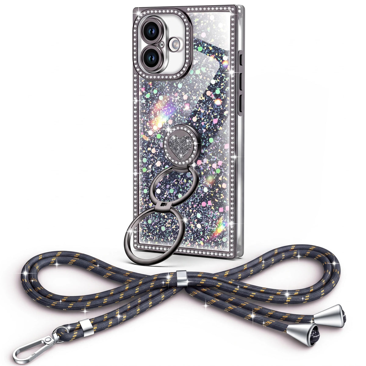 XYZ Sparkle Stones Phone Case for iPhone 16 in Black — crystal-lined edges with dual ring stand and braided lanyard