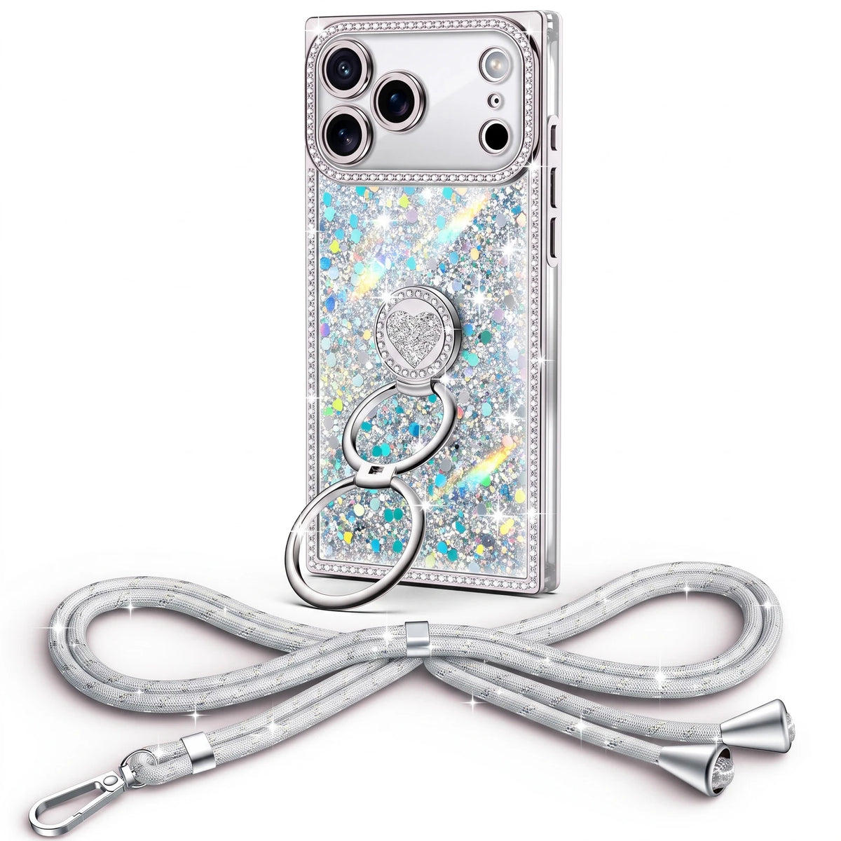 Sparkle Stones Y2K rhinestone phone case for iPhone 17 Pro Max with ring stand and crossbody strap
