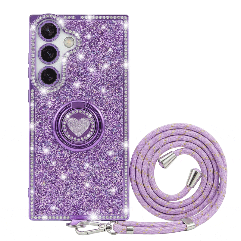 XYZ Sparkle Stones Phone Case for Samsung Galaxy S26 in Purple — crystal-lined edges, sparkling back, dual ring stand and lan
