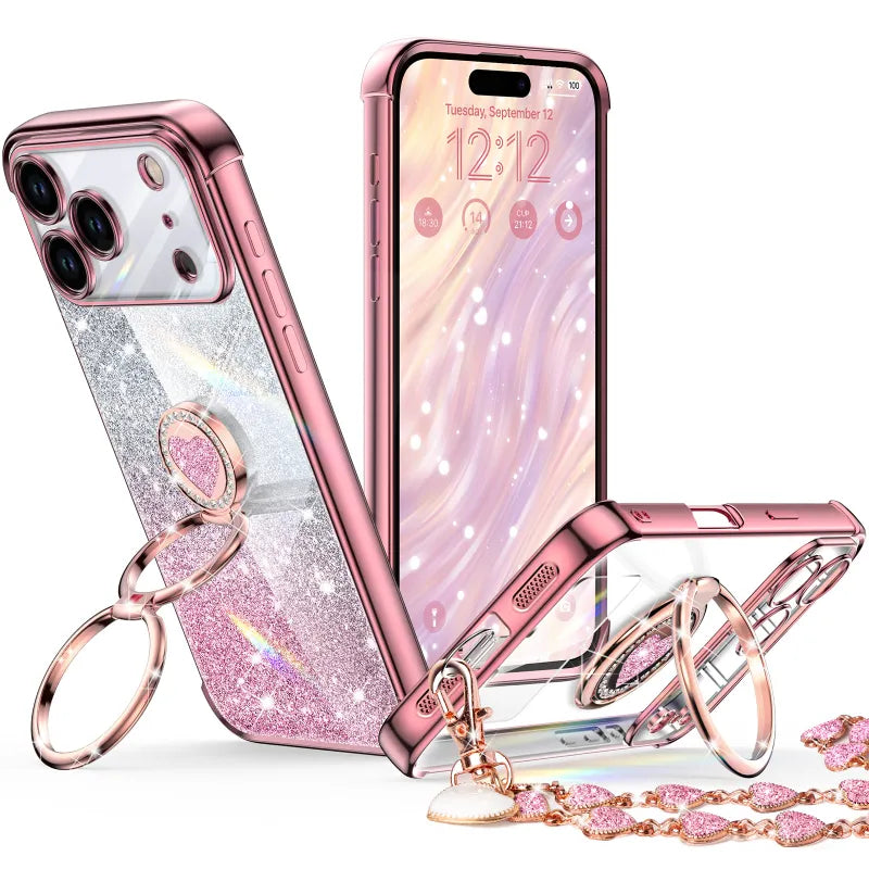 Super Shine glitter bling phone case for iPhone 18 Pro Max with ring stand and wrist strap