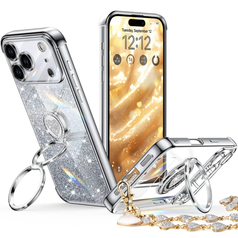 Super Shine glitter bling phone case for iPhone 18 Pro Max with ring stand and wrist strap