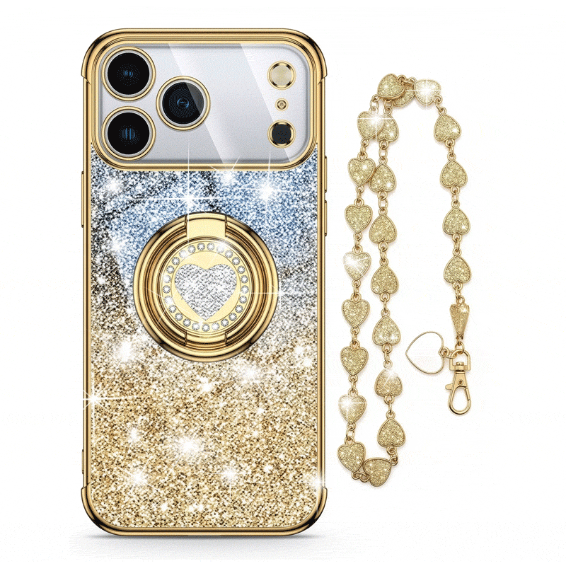 XYZ Super Shine Phone Case for iPhone 17 — glittery chrome design with rotating heart ring stand