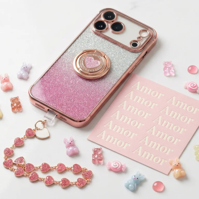 XYZ Super Shine Phone Case in Pink — glittery chrome design with rotating heart ring stand all-groups