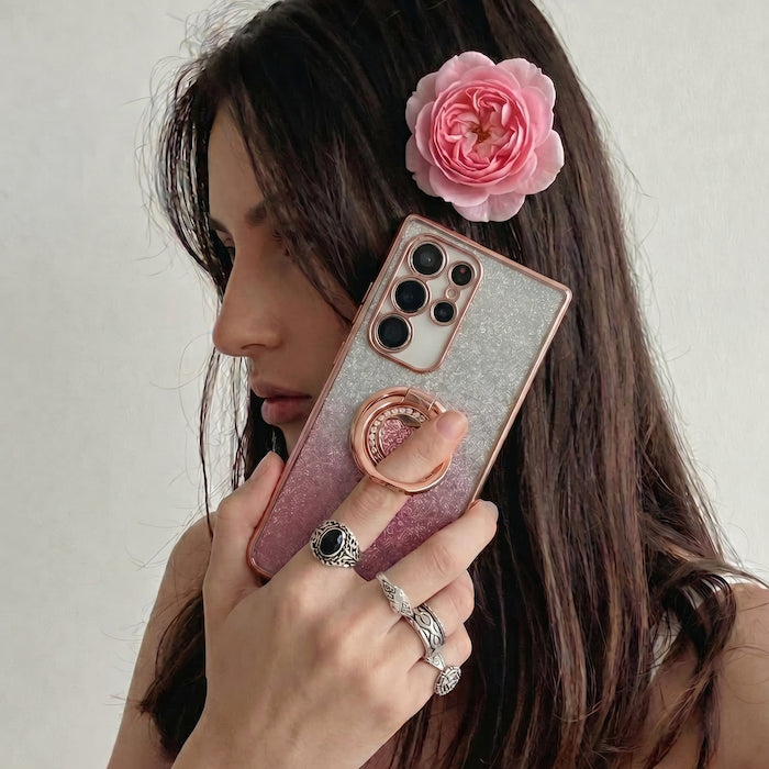 XYZ Super Shine Phone Case for Samsung Galaxy S26 in Pink — glittery chrome design with rotating heart ring stand all-groups