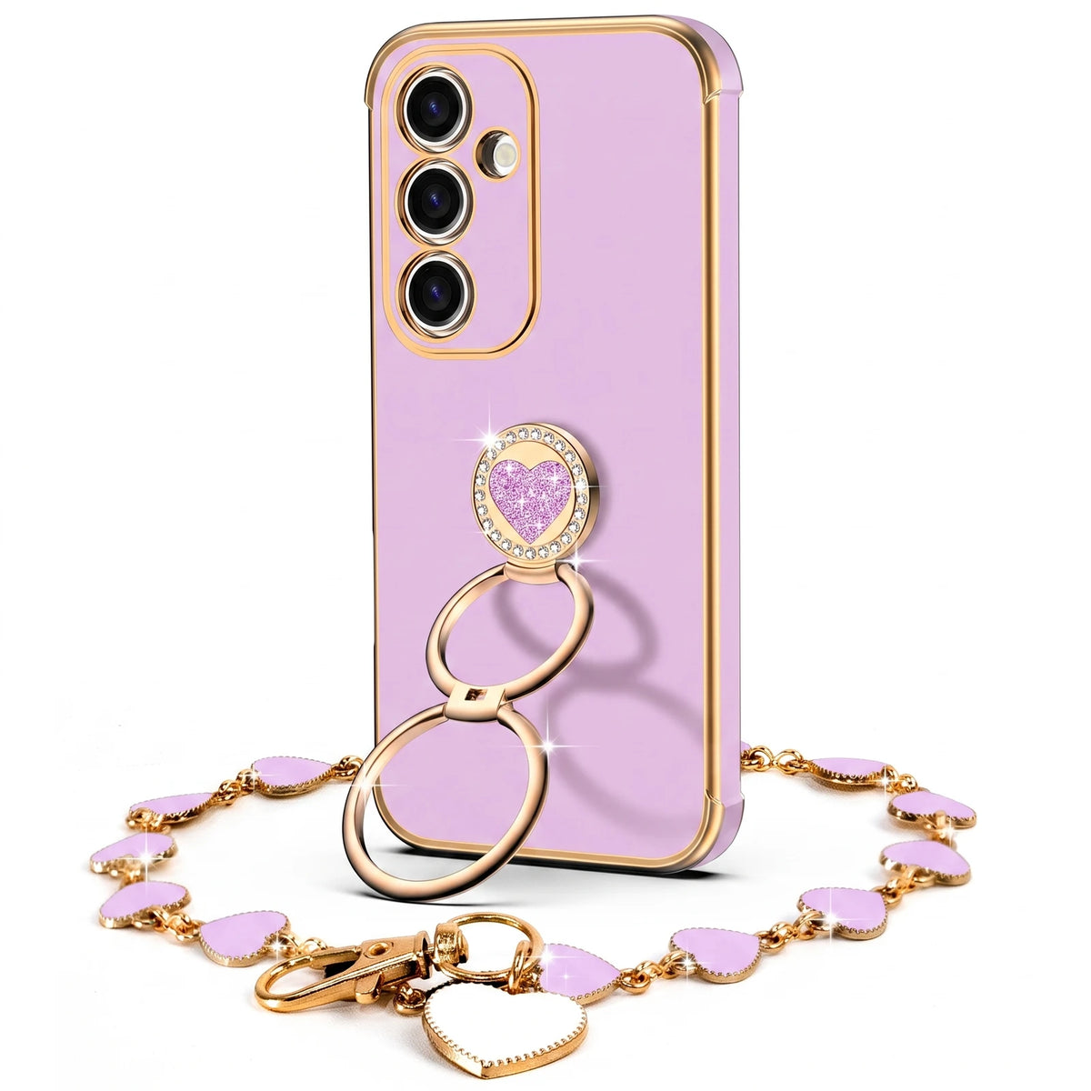 XYZ Classic Chrome Phone Case for Galaxy A16 5G in Purple — glossy chrome finish with heart-shaped double ring stand