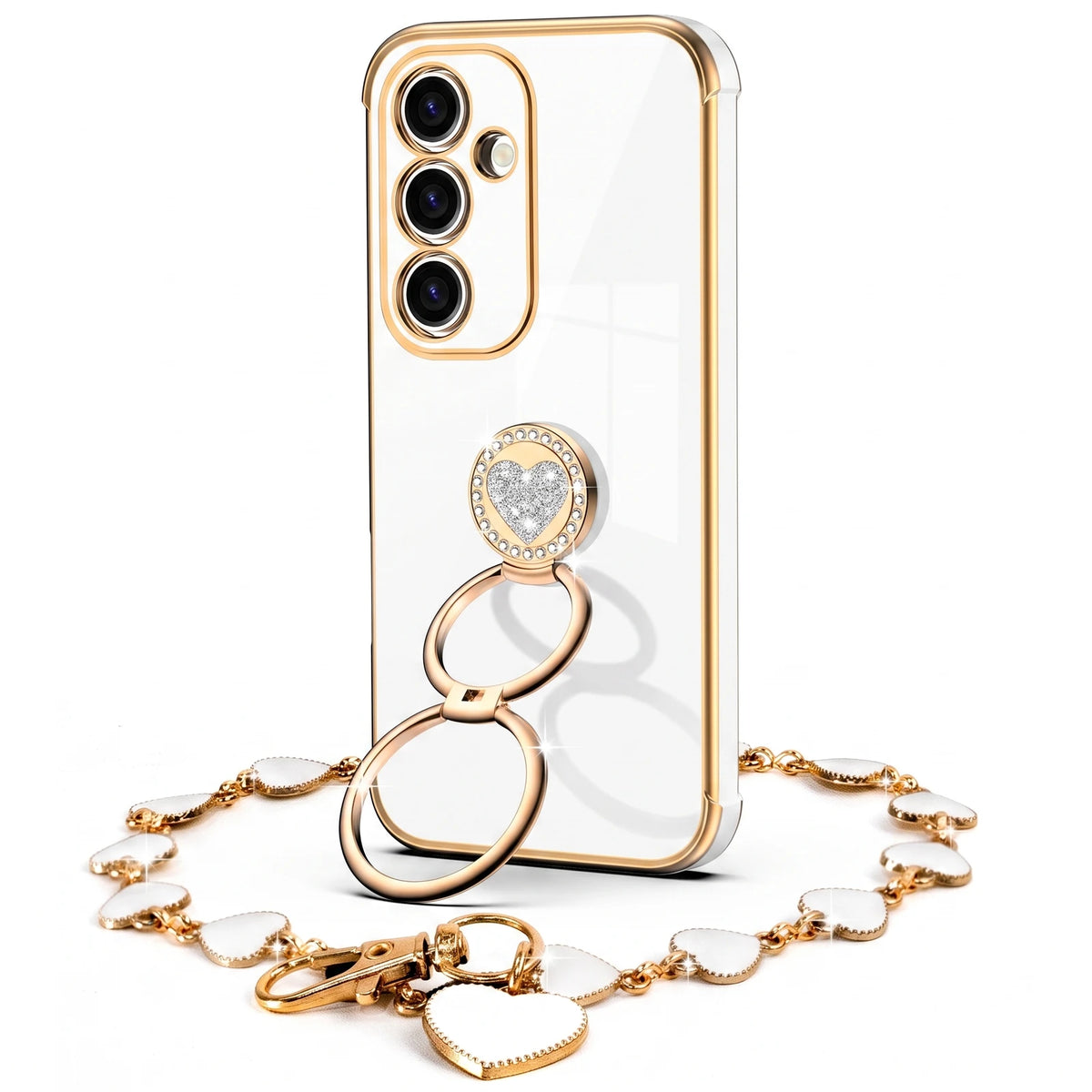 Classic Chrome coquette bling phone case for Galaxy A54 5G with heart ring stand and wrist strap