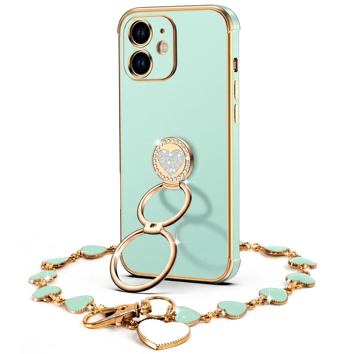 XYZ Classic Chrome Phone Case for iPhone 12 in Green — glossy chrome finish with heart-shaped double ring stand