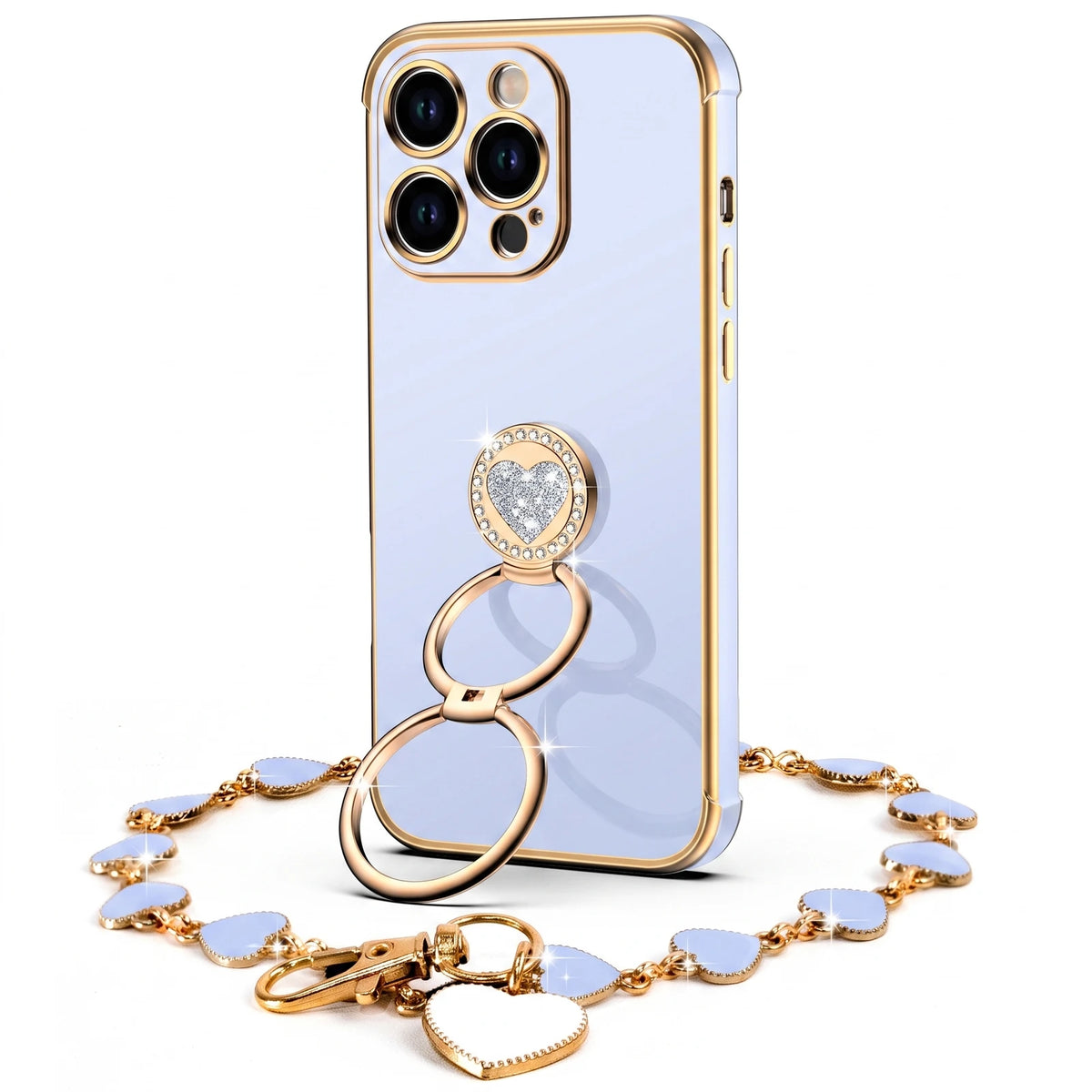 Classic Chrome coquette bling phone case for iPhone 13 Pro with heart ring stand and wrist strap