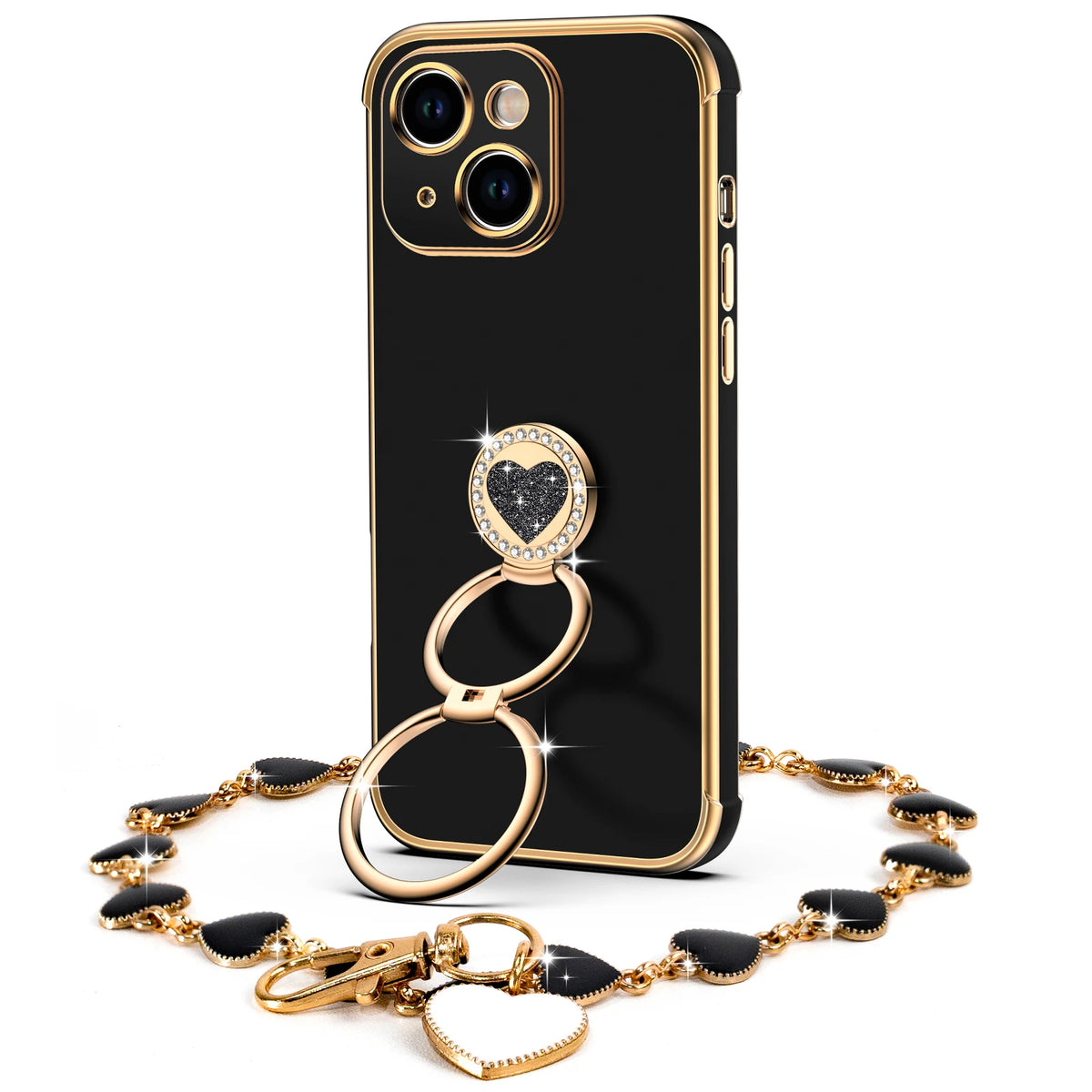 Classic Chrome coquette bling phone case for iPhone 14 with heart ring stand and wrist strap