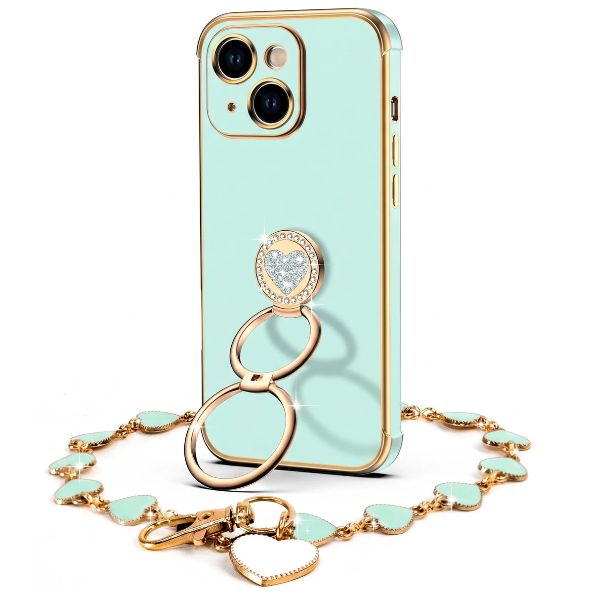 XYZ Classic Chrome Phone Case for iPhone 15 Plus in Green — glossy chrome finish with heart-shaped double ring stand