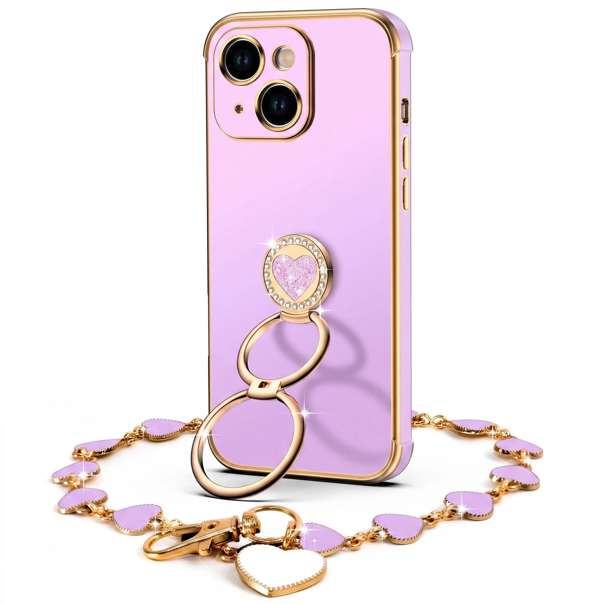 XYZ Classic Chrome Phone Case for iPhone 15 Plus in Purple — glossy chrome finish with heart-shaped double ring stand