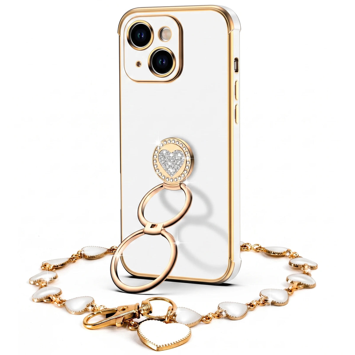 XYZ Classic Chrome Phone Case for iPhone 15 Plus in White — glossy chrome finish with heart-shaped double ring stand