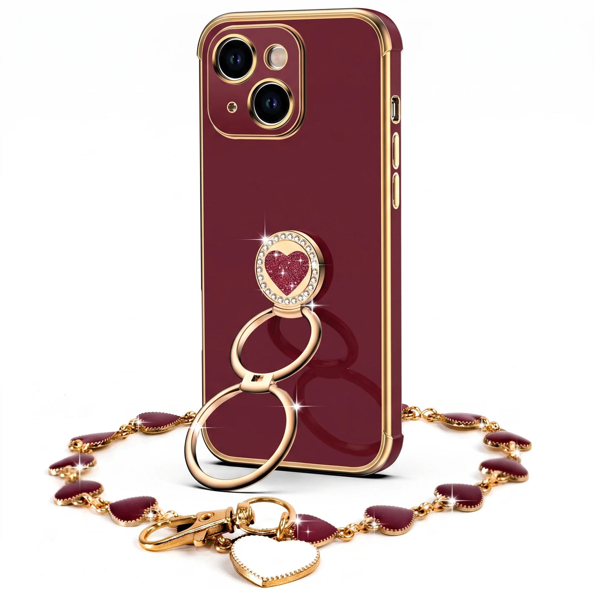 XYZ Classic Chrome Phone Case for iPhone 15 Plus in Wine Red — glossy chrome finish with heart-shaped double ring stand