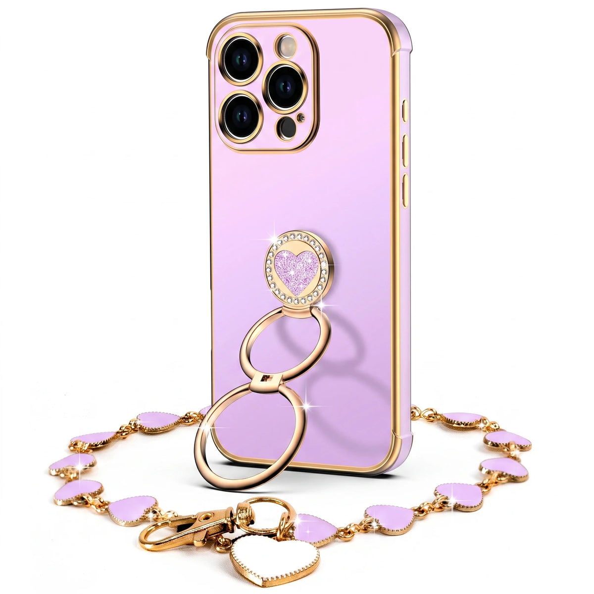 Classic Chrome coquette bling phone case for iPhone 16 Pro Max with heart ring stand and wrist strap