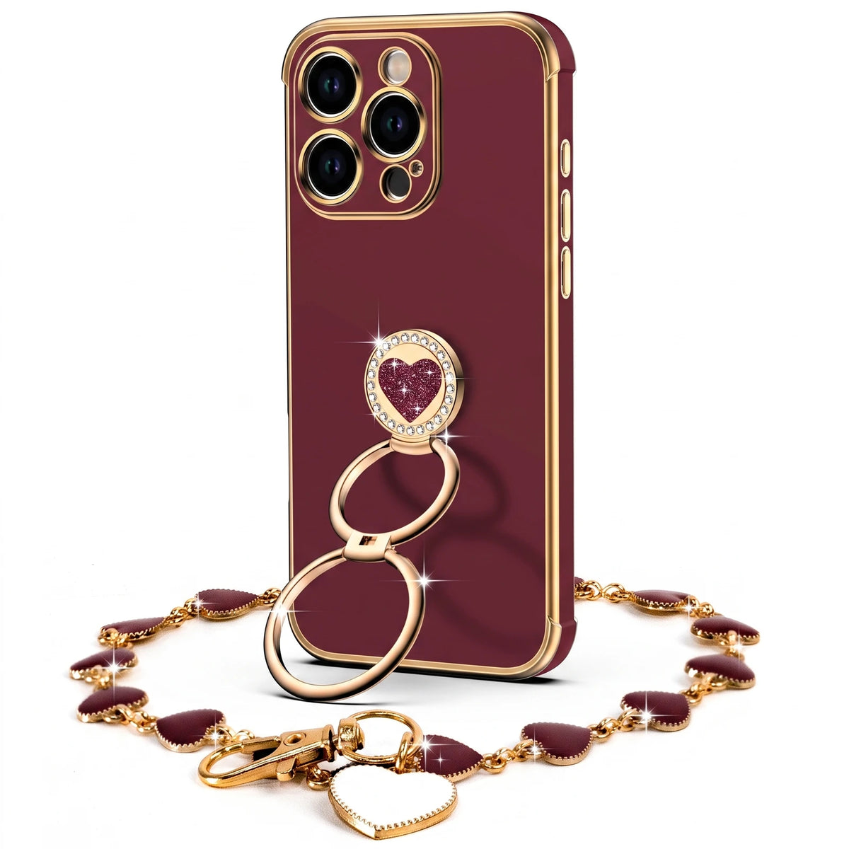 Classic Chrome coquette bling phone case for iPhone 16 Pro with heart ring stand and wrist strap