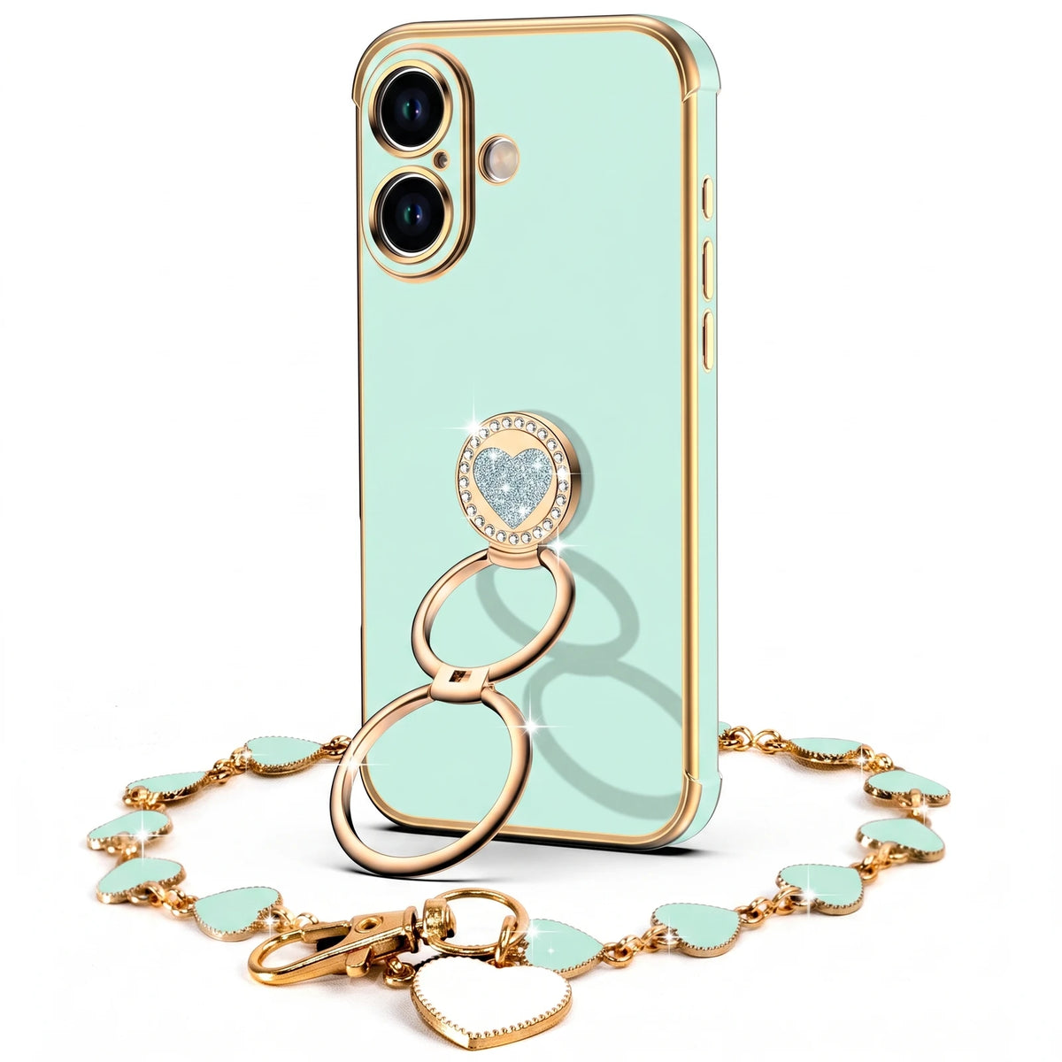 XYZ Classic Chrome Phone Case for iPhone 16 in Green — glossy chrome finish with heart-shaped double ring stand