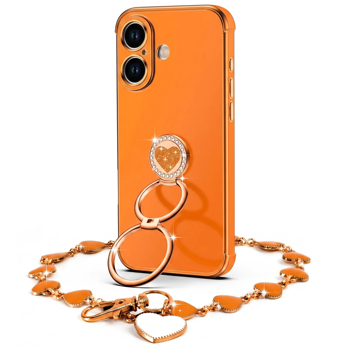XYZ Classic Chrome Phone Case for iPhone 16 in Orange — glossy chrome finish with heart-shaped double ring stand