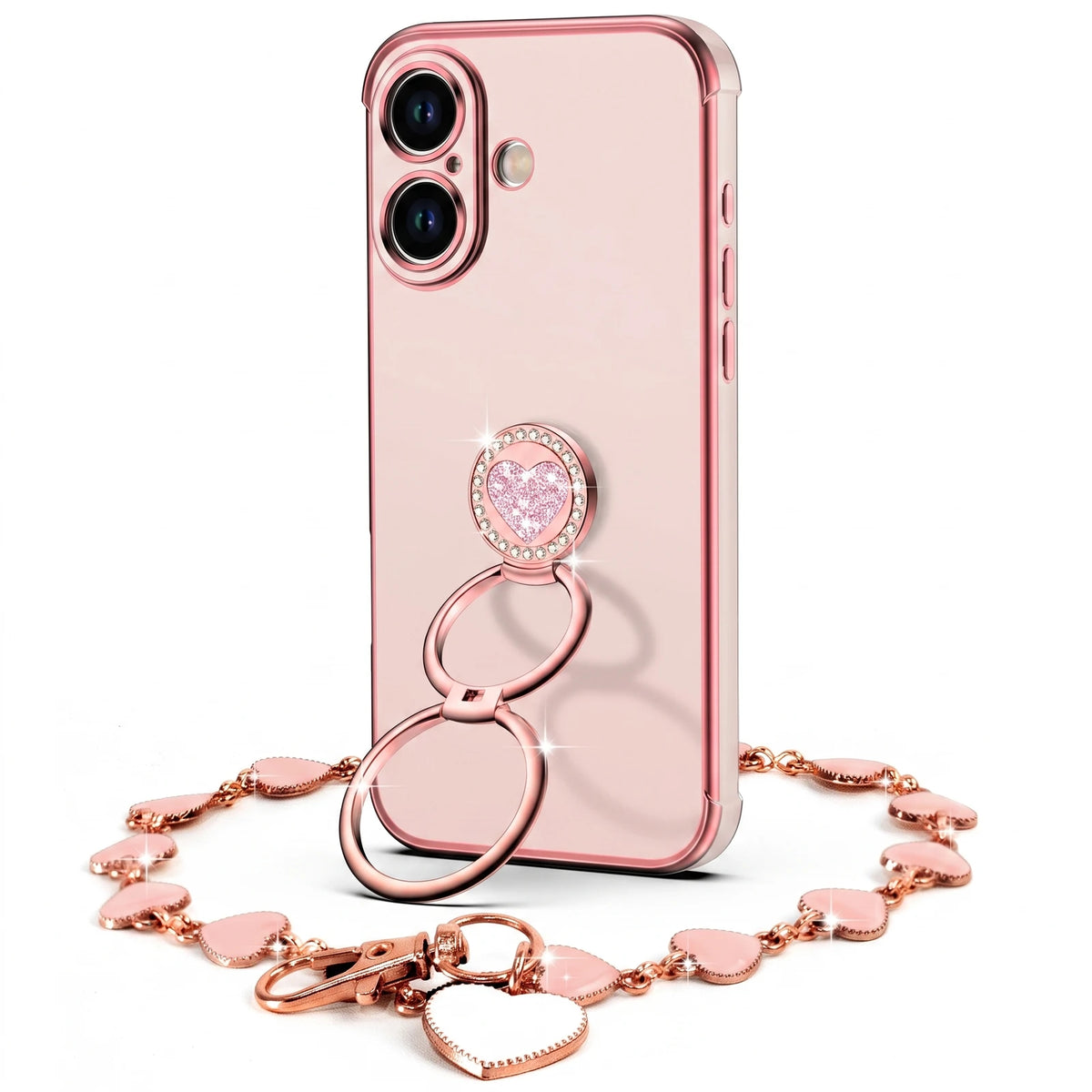 XYZ Classic Chrome Phone Case for iPhone 16 in Pink — glossy chrome finish with heart-shaped double ring stand