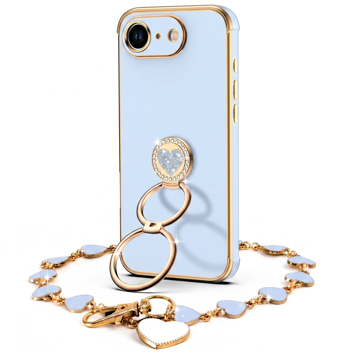 Classic Chrome coquette bling phone case for iPhone 16e / SE4 with heart ring stand and wrist strap