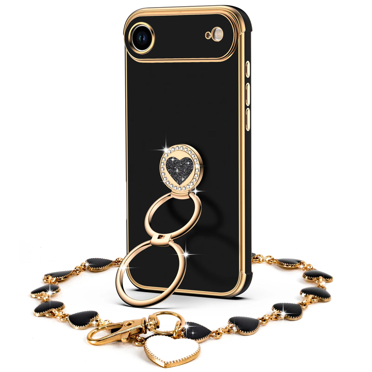 XYZ Classic Chrome Phone Case for iPhone 17 Air in Black — glossy chrome finish with heart-shaped double ring stand