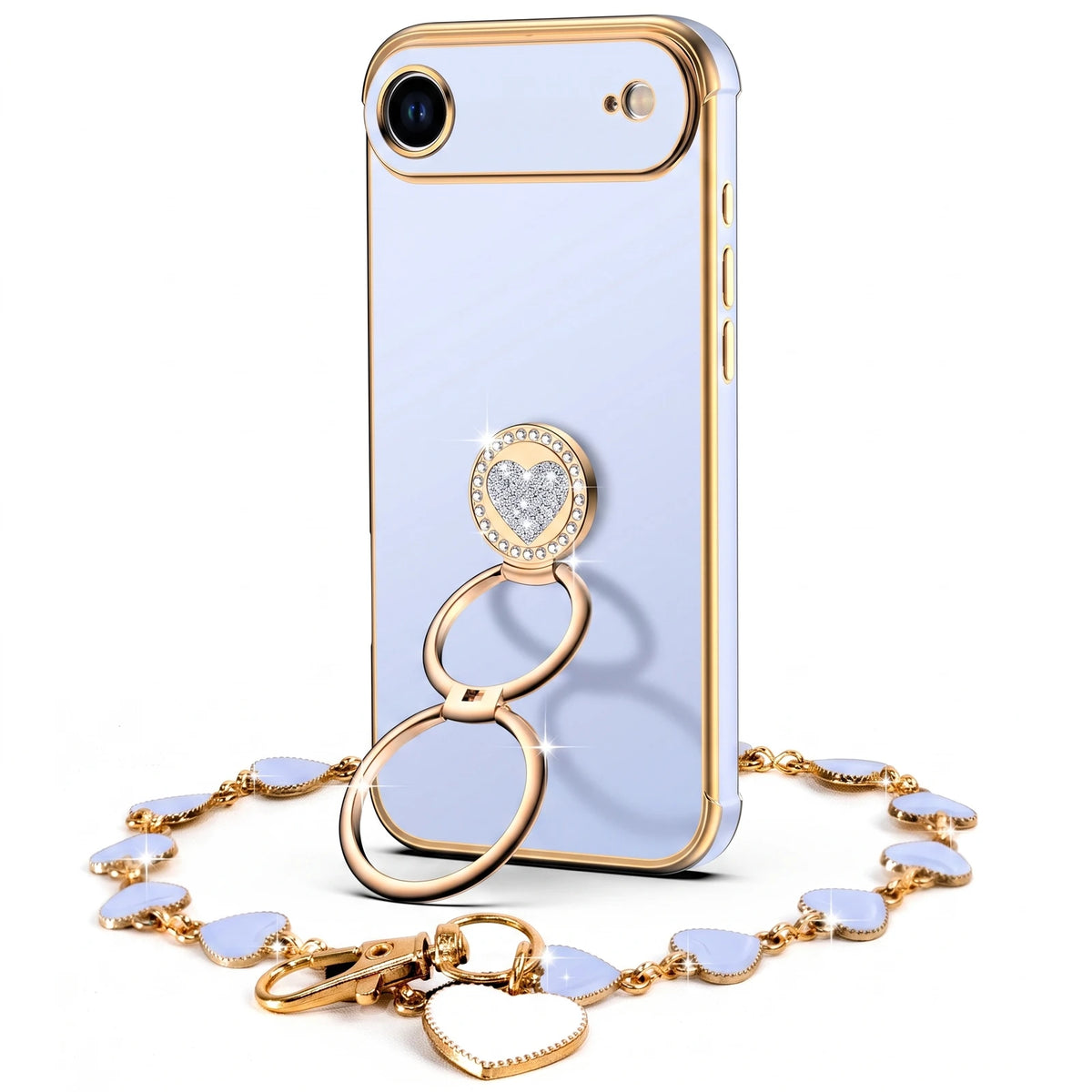 Classic Chrome coquette bling phone case for iPhone 17 Air with heart ring stand and wrist strap