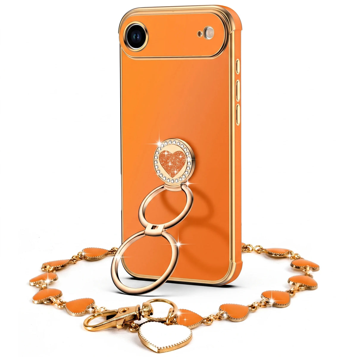 XYZ Classic Chrome Phone Case for iPhone 17 Air in Orange — glossy chrome finish with heart-shaped double ring stand