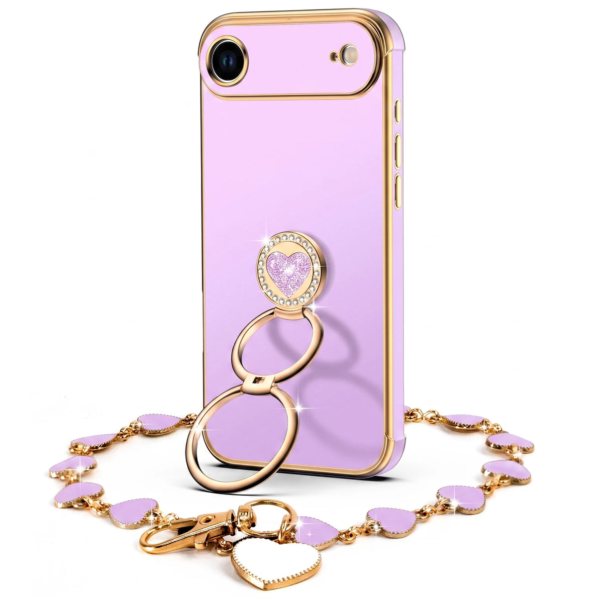 XYZ Classic Chrome Phone Case for iPhone 17 Air in Purple — glossy chrome finish with heart-shaped double ring stand