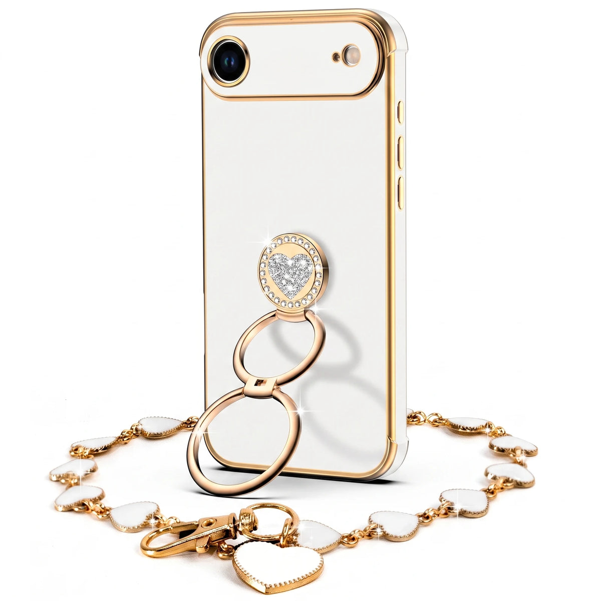 XYZ Classic Chrome Phone Case for iPhone 17 Air in White — glossy chrome finish with heart-shaped double ring stand