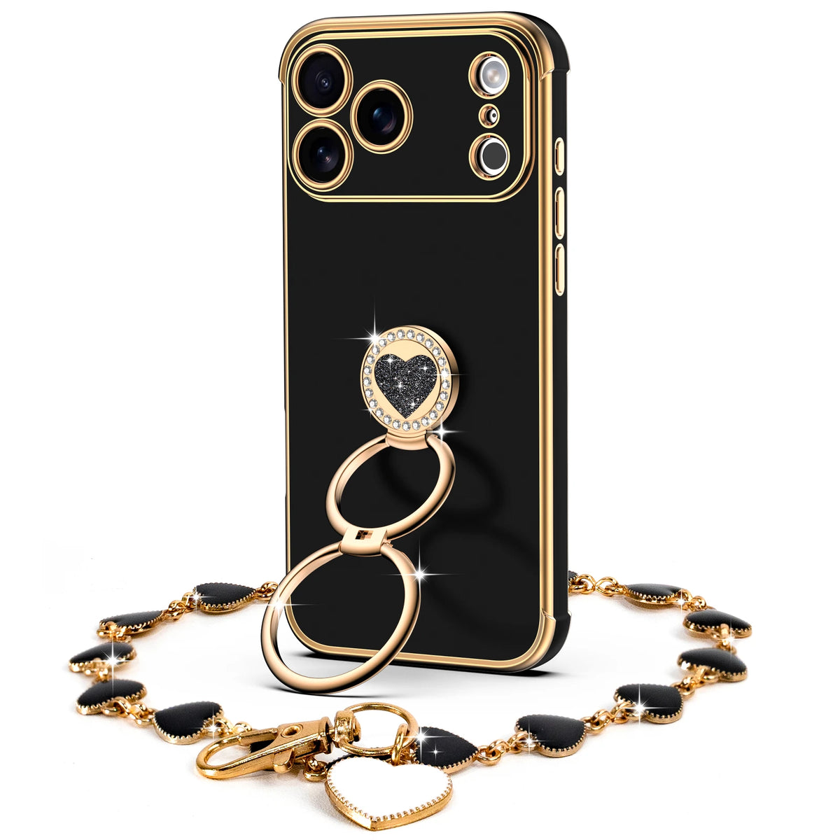 Classic Chrome coquette bling phone case for iPhone 17 Pro Max with heart ring stand and wrist strap