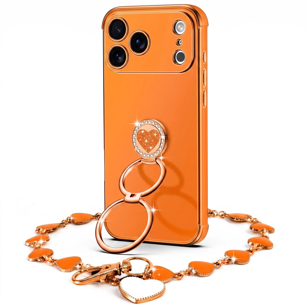 Classic Chrome coquette bling phone case for iPhone 17 Pro Max with heart ring stand and wrist strap