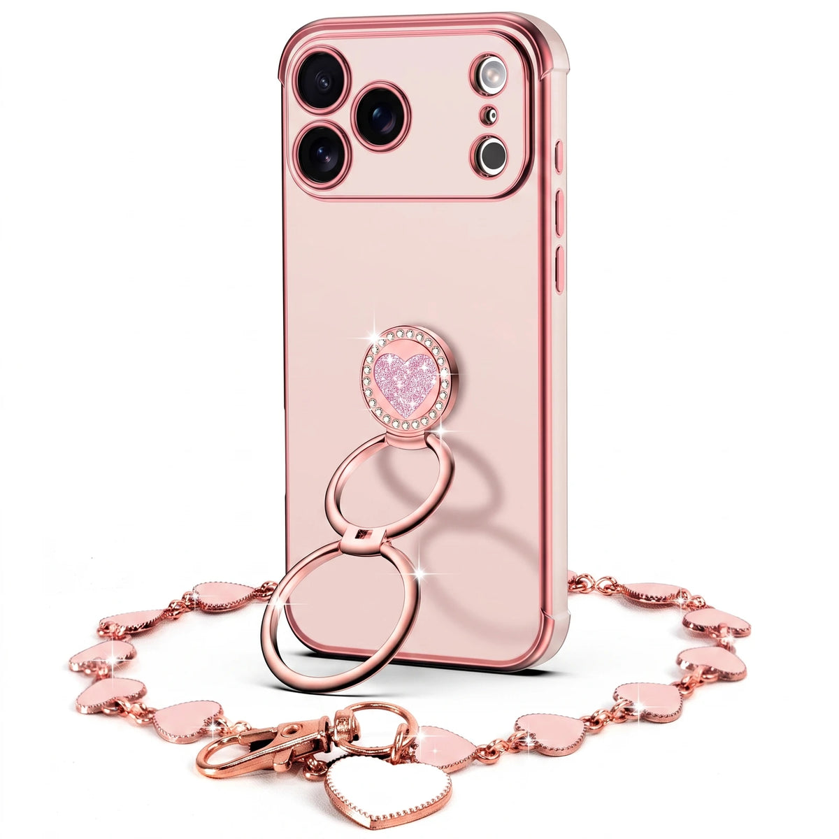 Classic Chrome coquette bling phone case for iPhone 17 Pro Max with heart ring stand and wrist strap