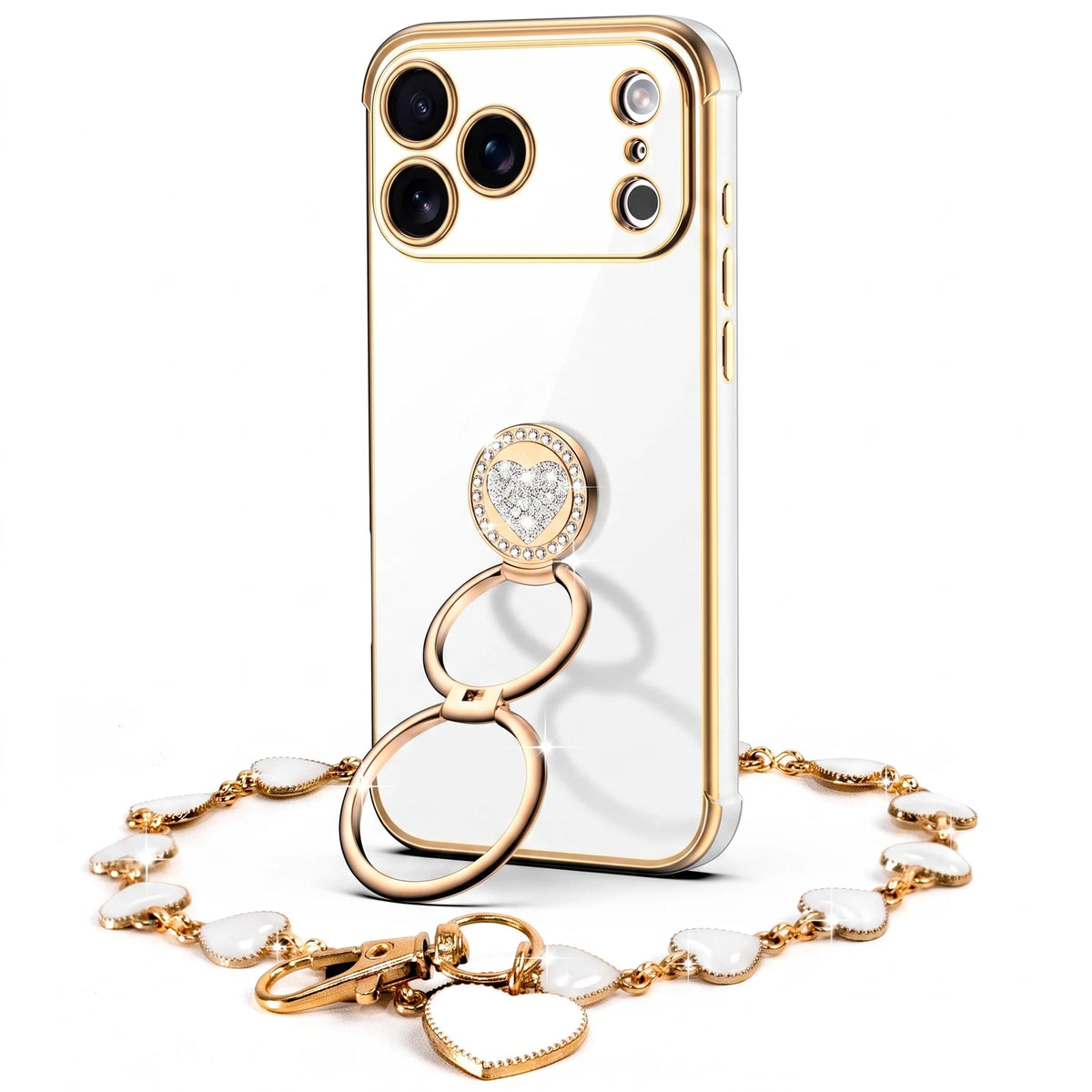 Classic Chrome coquette bling phone case for iPhone 17 Pro Max with heart ring stand and wrist strap