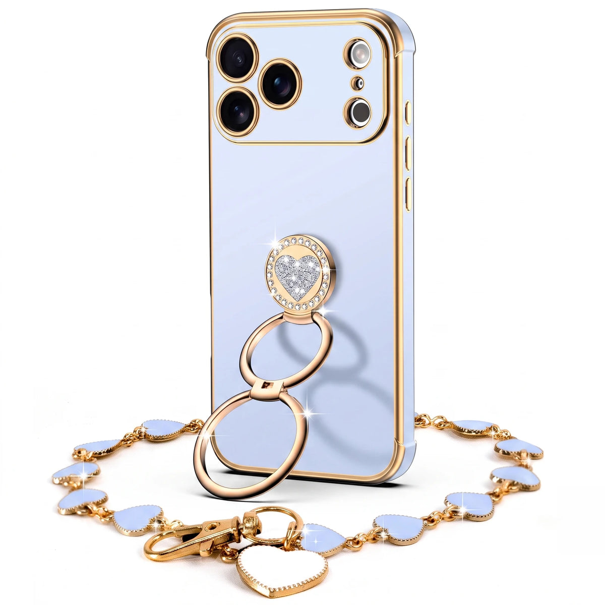 XYZ Classic Chrome Phone Case for iPhone 17 Pro in Blue — glossy chrome finish with heart-shaped double ring stand