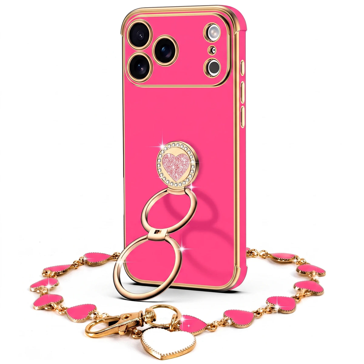 XYZ Classic Chrome Phone Case for iPhone 17 Pro in Hot Pink — glossy chrome finish with heart-shaped double ring stand