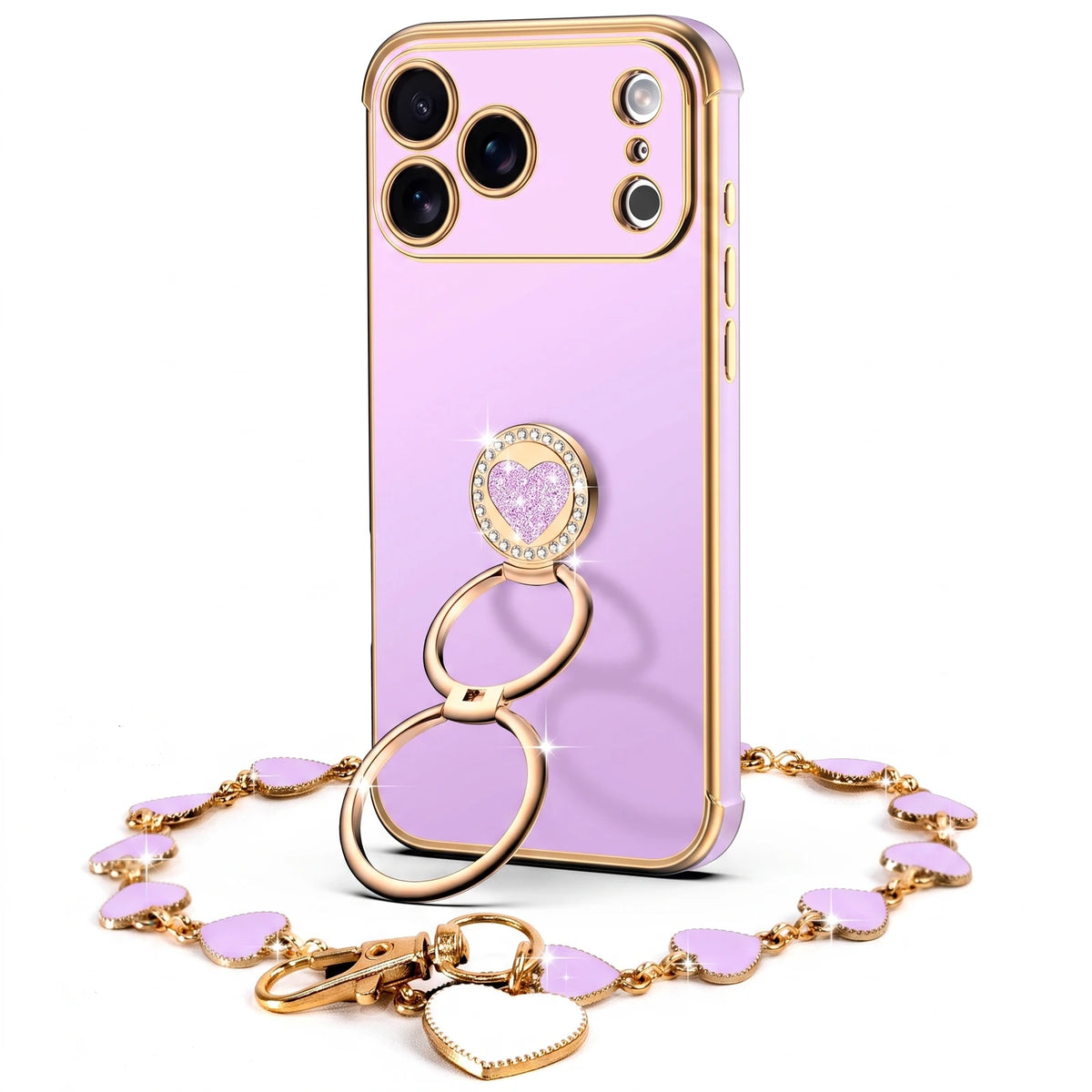 XYZ Classic Chrome Phone Case for iPhone 17 Pro in Purple — glossy chrome finish with heart-shaped double ring stand