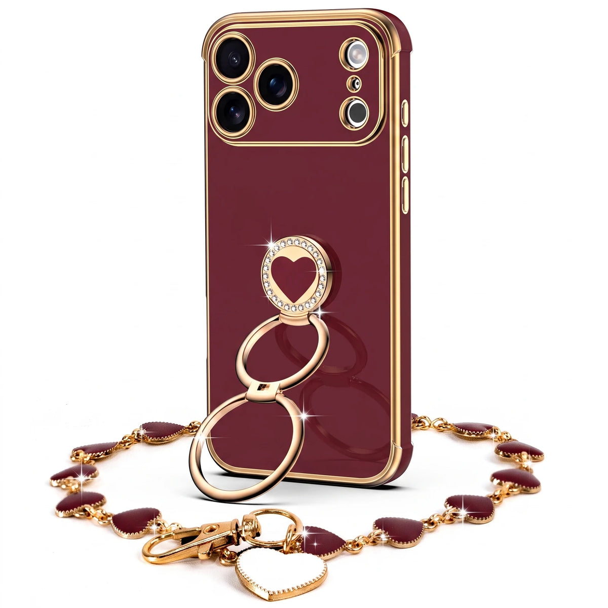 XYZ Classic Chrome Phone Case for iPhone 17 Pro in Wine Red — glossy chrome finish with heart-shaped double ring stand