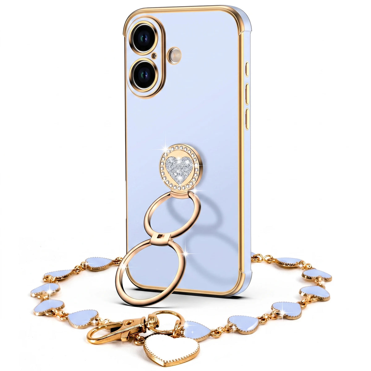 XYZ Classic Chrome Phone Case for iPhone 17 in Blue — glossy chrome finish with heart-shaped double ring stand
