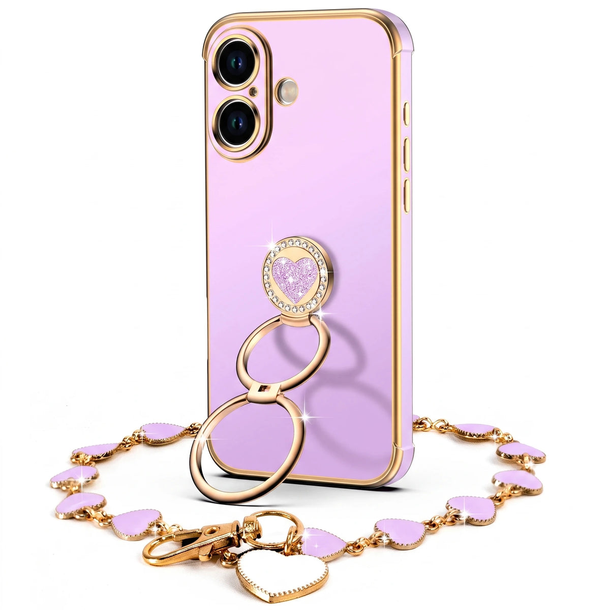 XYZ Classic Chrome Phone Case for iPhone 17 in Purple — glossy chrome finish with heart-shaped double ring stand