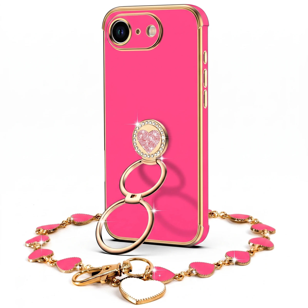 XYZ Classic Chrome Phone Case for iPhone 17e in Hot Pink — glossy chrome finish with heart-shaped double ring stand
