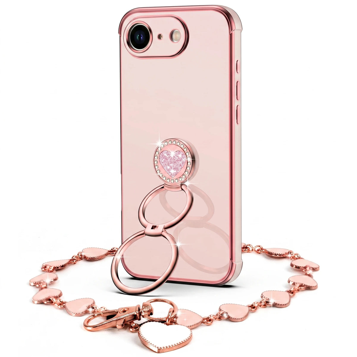 XYZ Classic Chrome Phone Case for iPhone 17e in Pink — glossy chrome finish with heart-shaped double ring stand