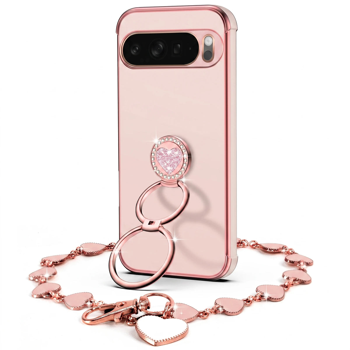XYZ Classic Chrome Phone Case for Pixel 10 Pro XL in Pink — glossy chrome finish with heart-shaped double ring stand