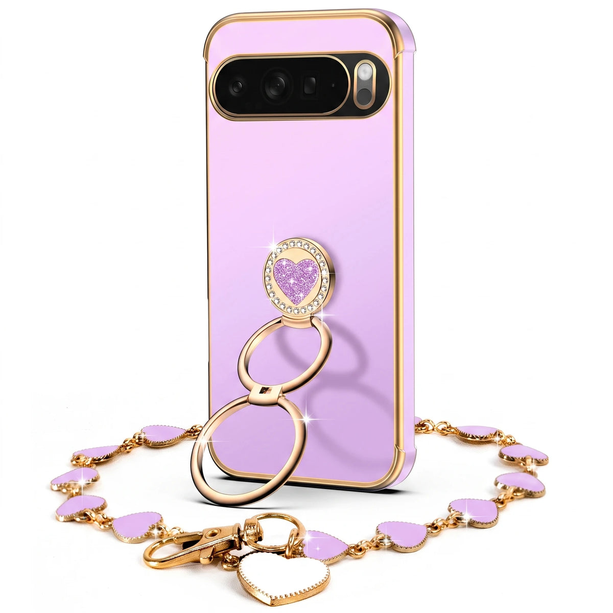 XYZ Classic Chrome Phone Case for Pixel 10 Pro in Purple — glossy chrome finish with heart-shaped double ring stand