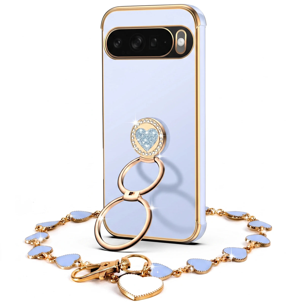 XYZ Classic Chrome Phone Case for Pixel 10 in Blue — glossy chrome finish with heart-shaped double ring stand