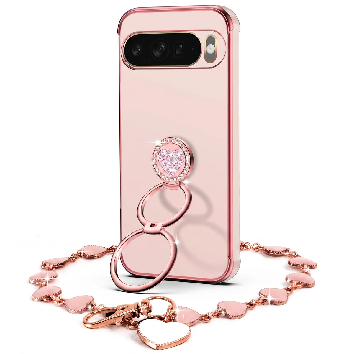 XYZ Classic Chrome Phone Case for Pixel 10 in Pink — glossy chrome finish with heart-shaped double ring stand
