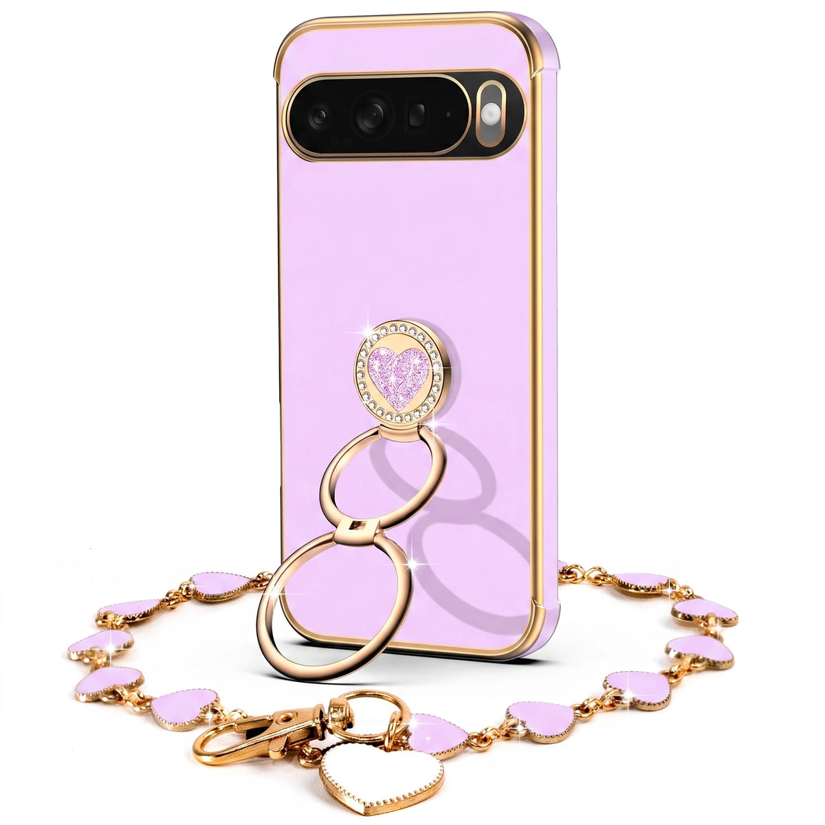 XYZ Classic Chrome Phone Case for Pixel 10 in Purple — glossy chrome finish with heart-shaped double ring stand