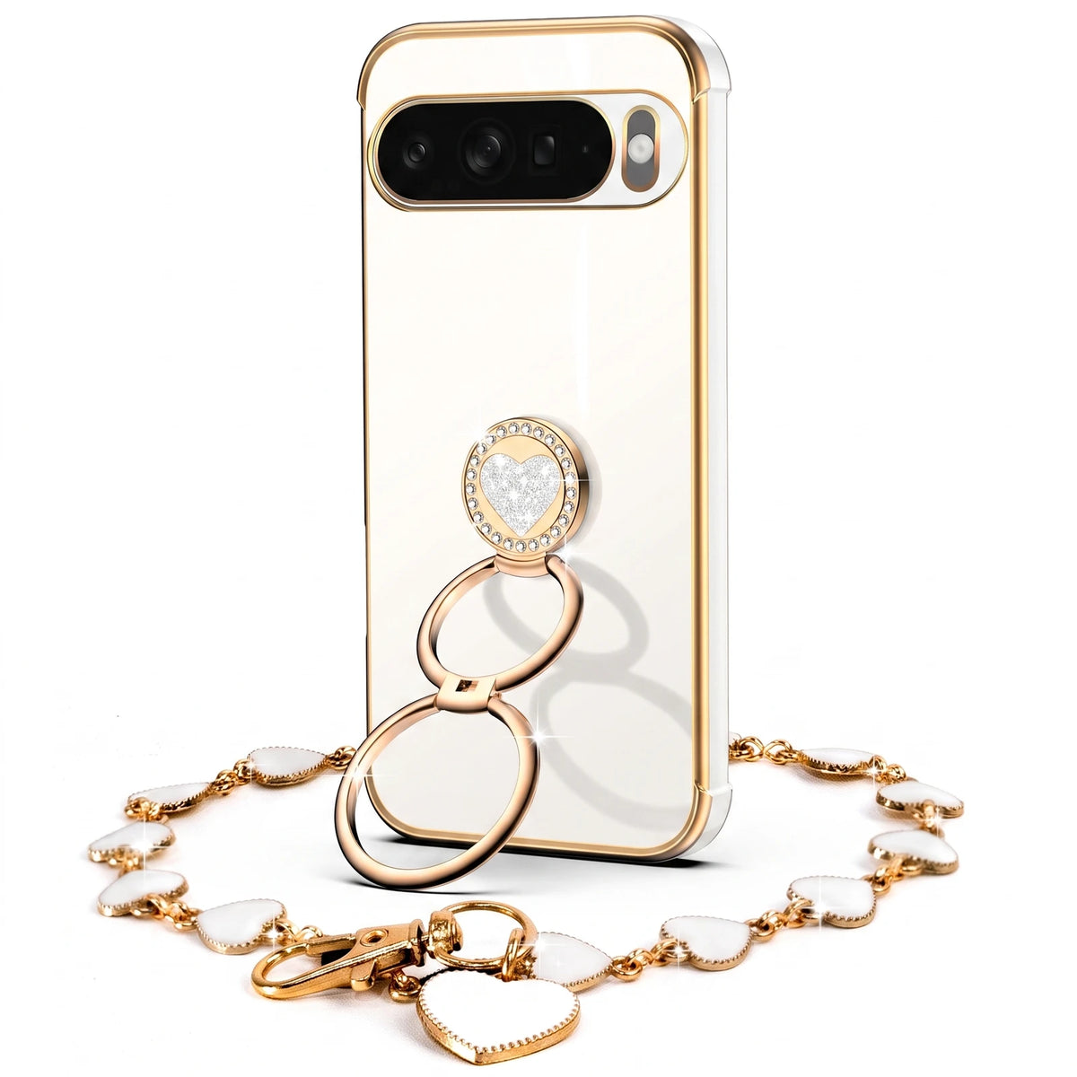 Classic Chrome coquette bling phone case for Pixel 10 with heart ring stand and wrist strap