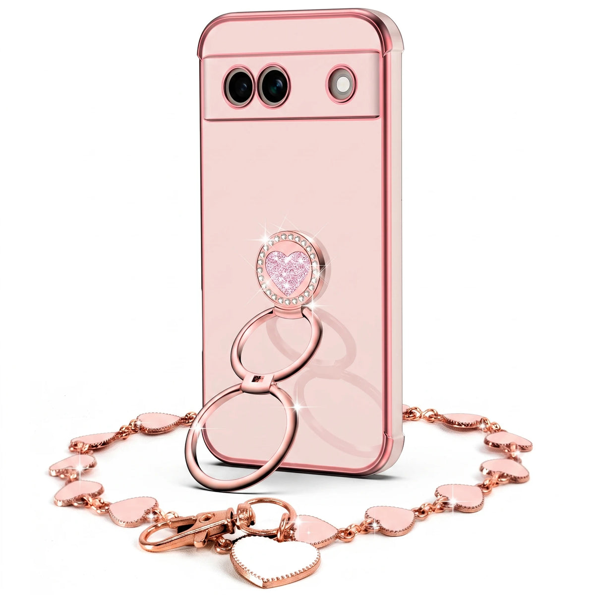 Classic Chrome coquette bling phone case for Pixel 7a with heart ring stand and wrist strap