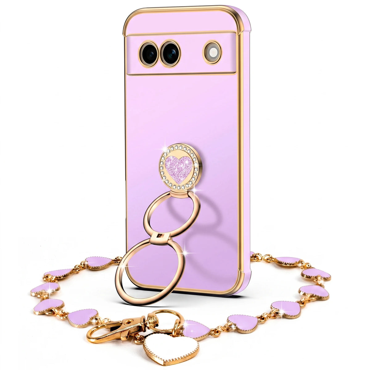 XYZ Classic Chrome Phone Case for Pixel 7a in Purple — glossy chrome finish with heart-shaped double ring stand