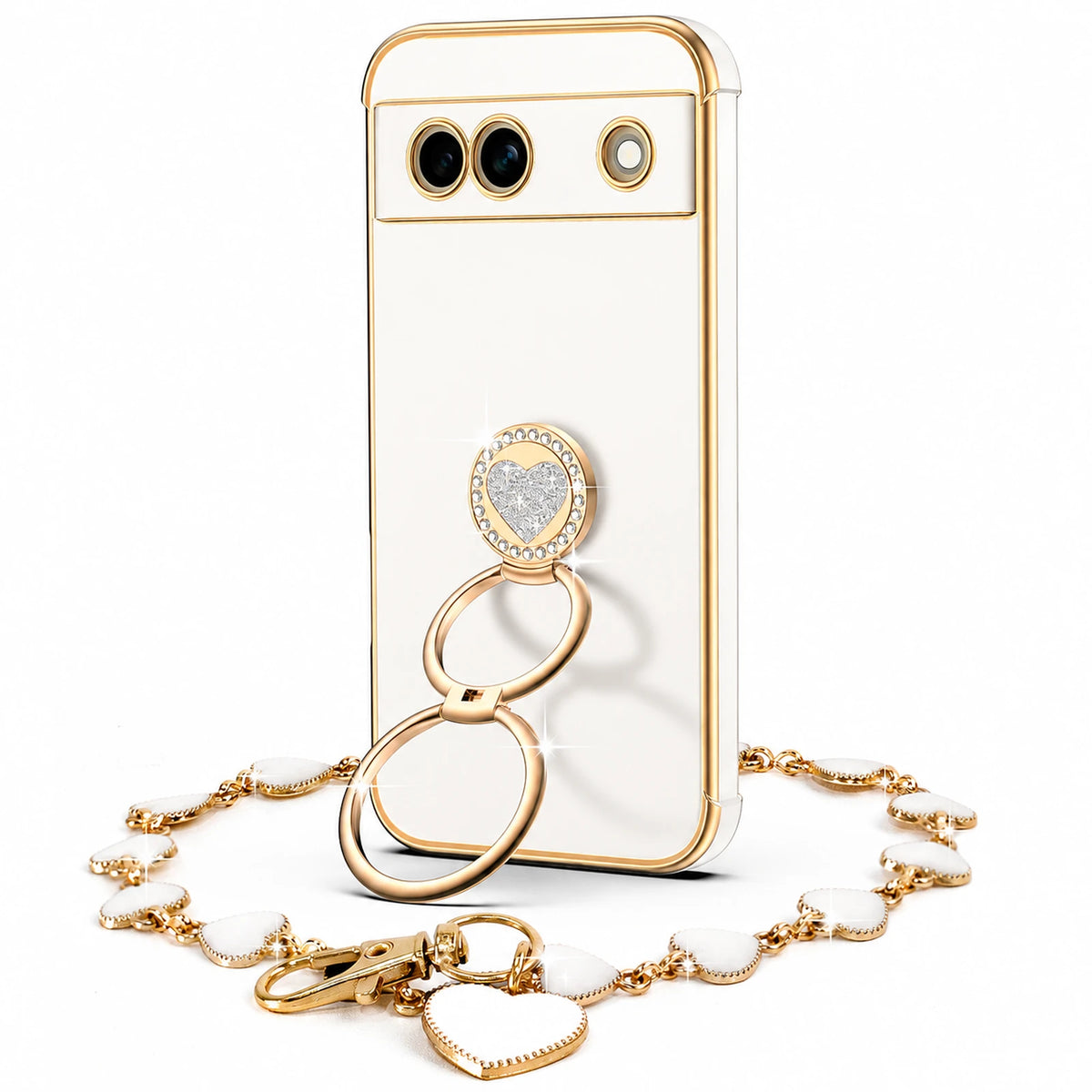 XYZ Classic Chrome Phone Case for Pixel 7a in White — glossy chrome finish with heart-shaped double ring stand